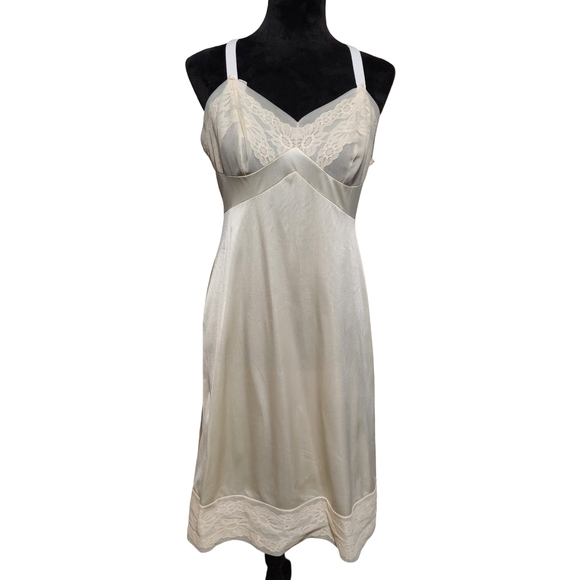 VINTAGE Satin Slip Dress Womens Small Cream Lace Coquette - Picture 2 of 11